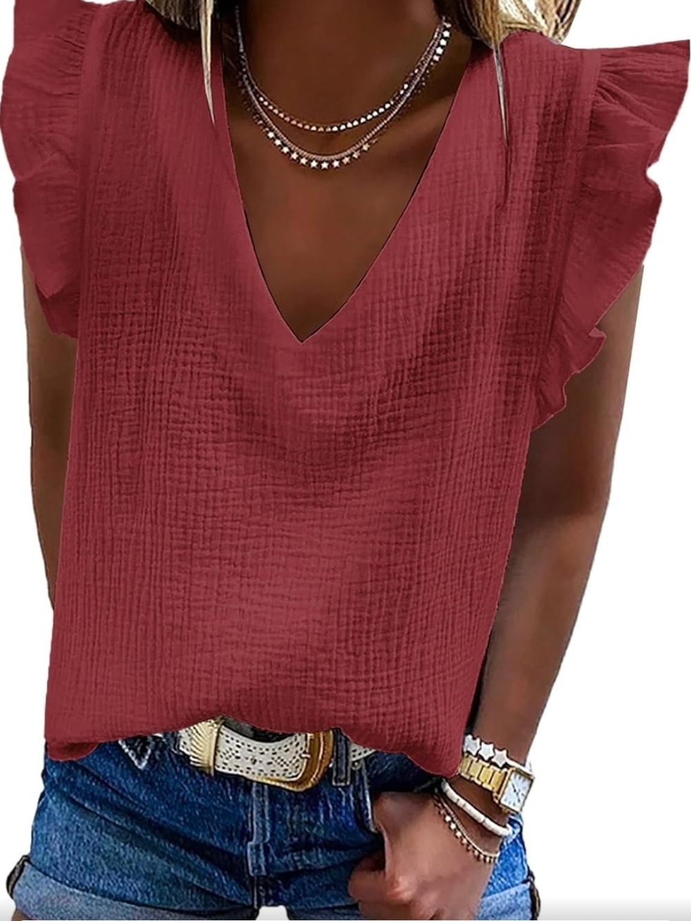 V-Neck Ruffle Sleeve Blouse in Wine